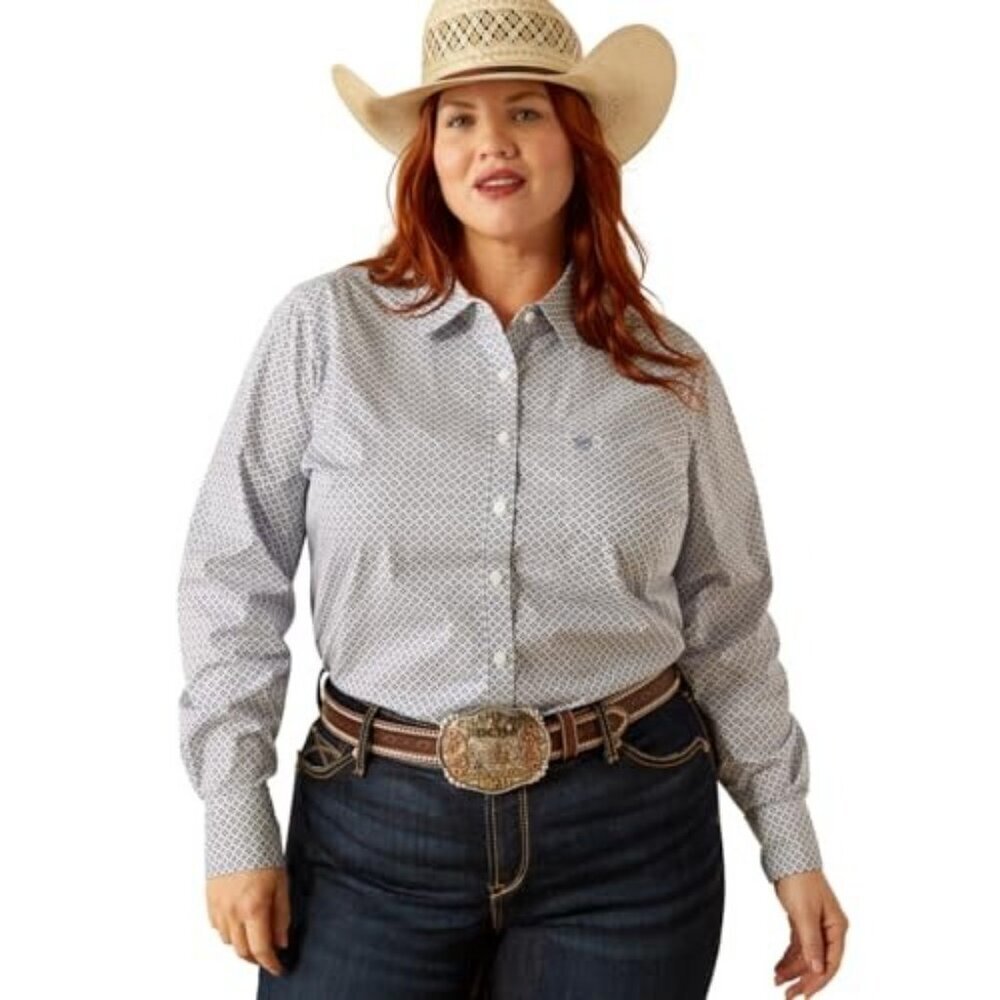 Ariat Women's 2XL Wrinkle Resist Long Sleeve Kirby Geo Print Button Shirt Ocean